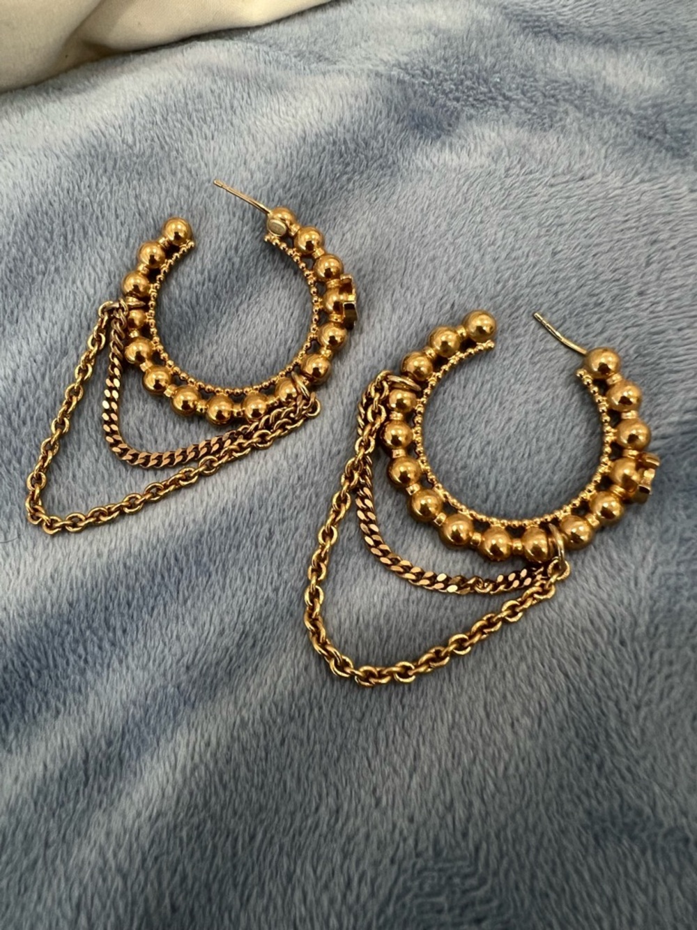 CHANEL Gold Metal Crystal Bead Chain CC Hoop Earrings - Picture 2 of 5